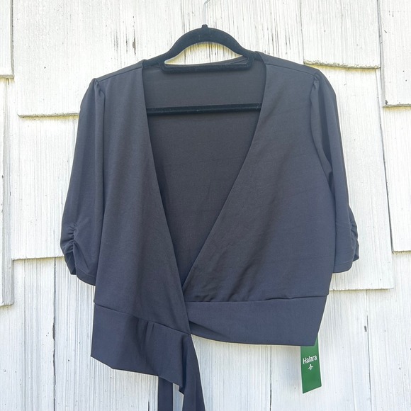 Halara Black V-Neck Wrap Tie Waist Crop Top Elbow Sleeve Puffed Shoulder Medium - Picture 2 of 7